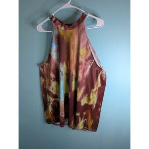Bon Apple Tea Women 2X Abstract Brushstroke Halter Mock Neck Top Brown Teal